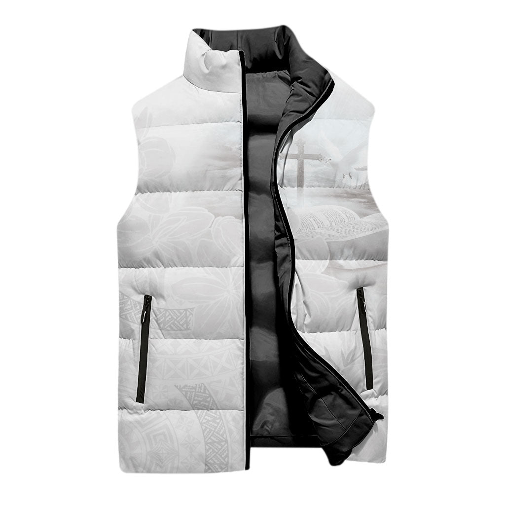 Niue White Sunday Tapu Fanau Sleeveless Puffer Jacket Fiti Pua Mix Hiapo Tapa