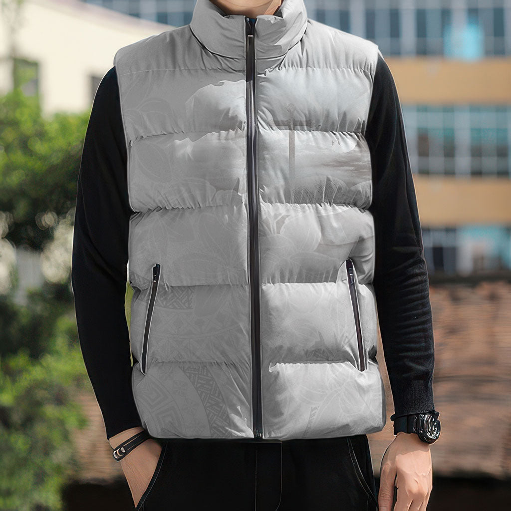 Niue White Sunday Tapu Fanau Sleeveless Puffer Jacket Fiti Pua Mix Hiapo Tapa