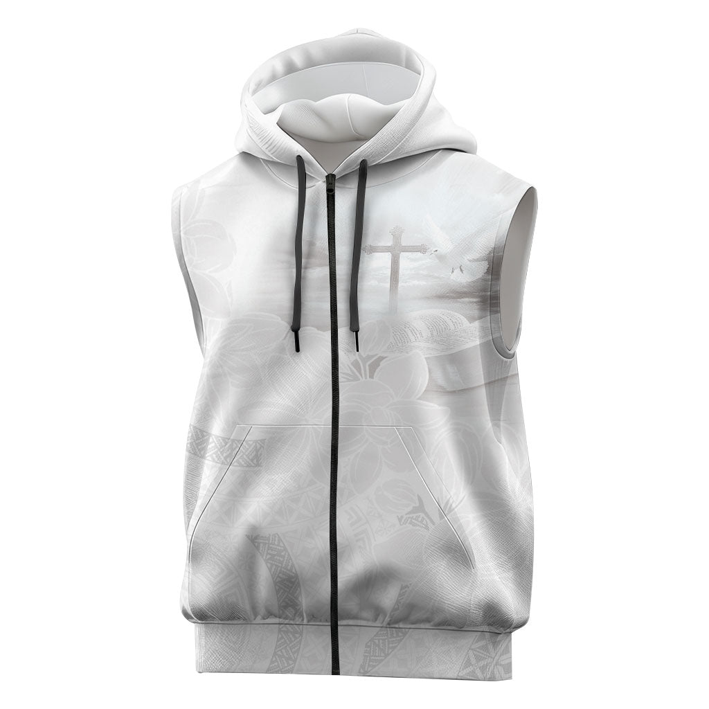 Niue White Sunday Tapu Fanau Sleeveless Zip Hoodie Fiti Pua Mix Hiapo Tapa