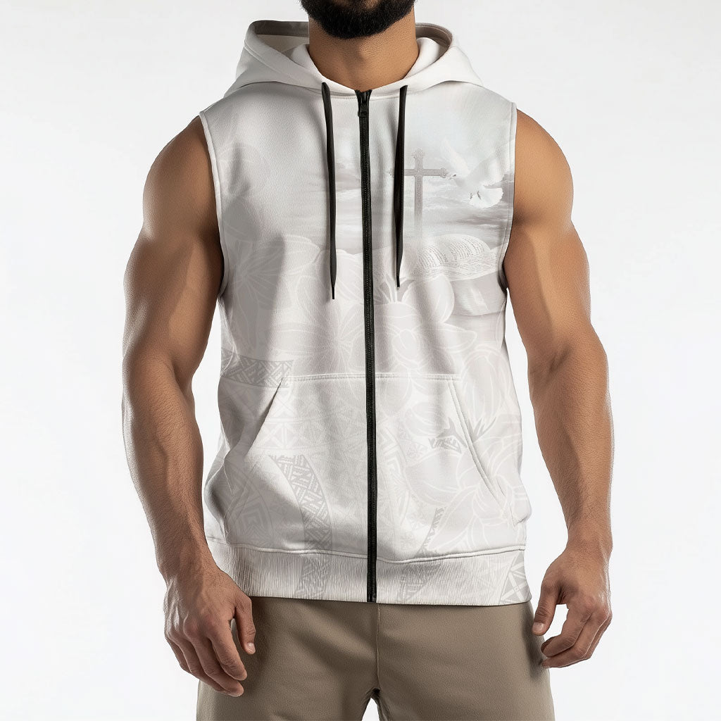 Niue White Sunday Tapu Fanau Sleeveless Zip Hoodie Fiti Pua Mix Hiapo Tapa