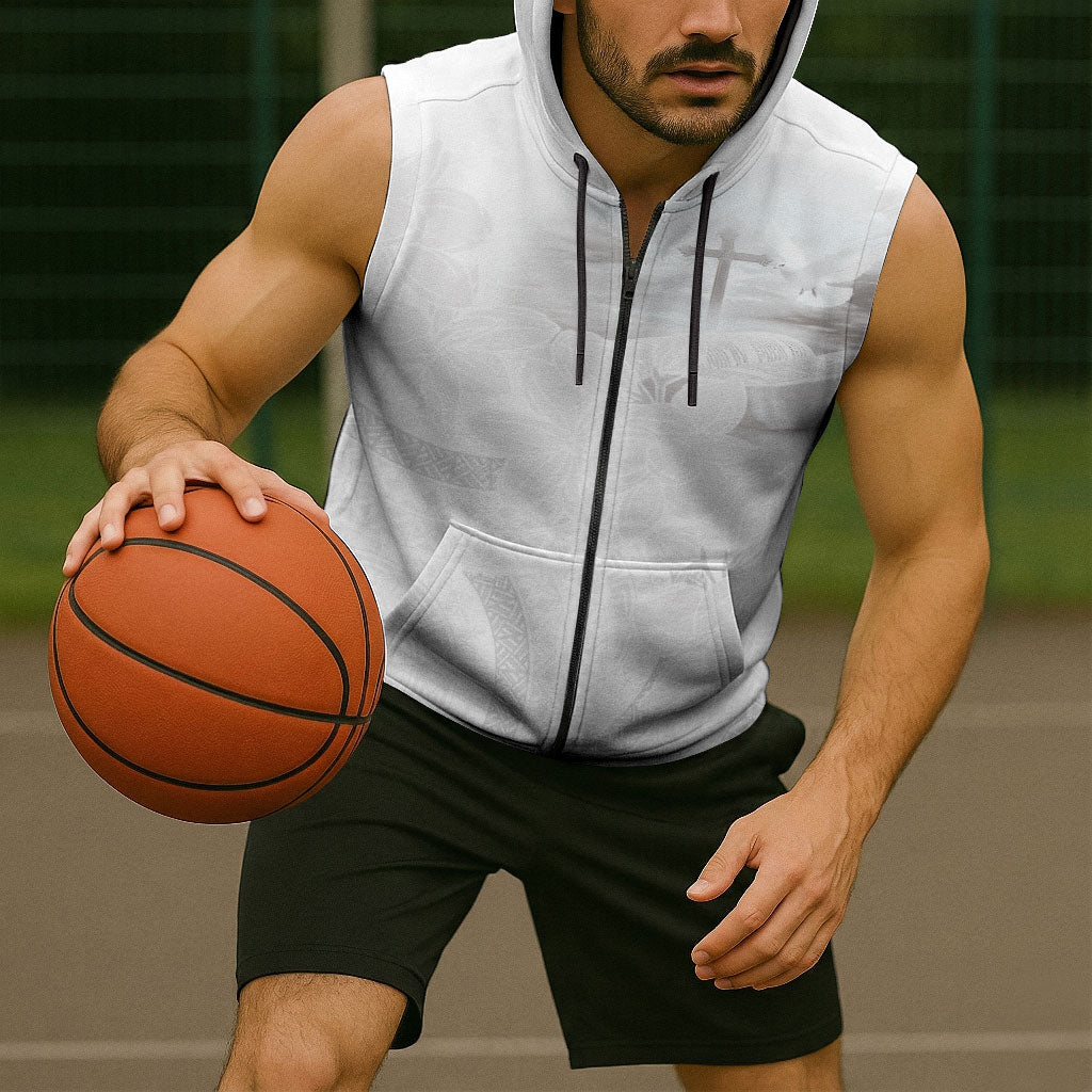 Niue White Sunday Tapu Fanau Sleeveless Zip Hoodie Fiti Pua Mix Hiapo Tapa