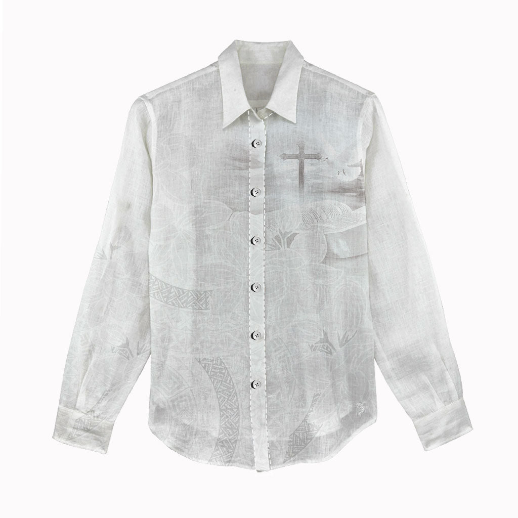 Niue White Sunday Tapu Fanau Women Casual Shirt Fiti Pua Mix Hiapo Tapa