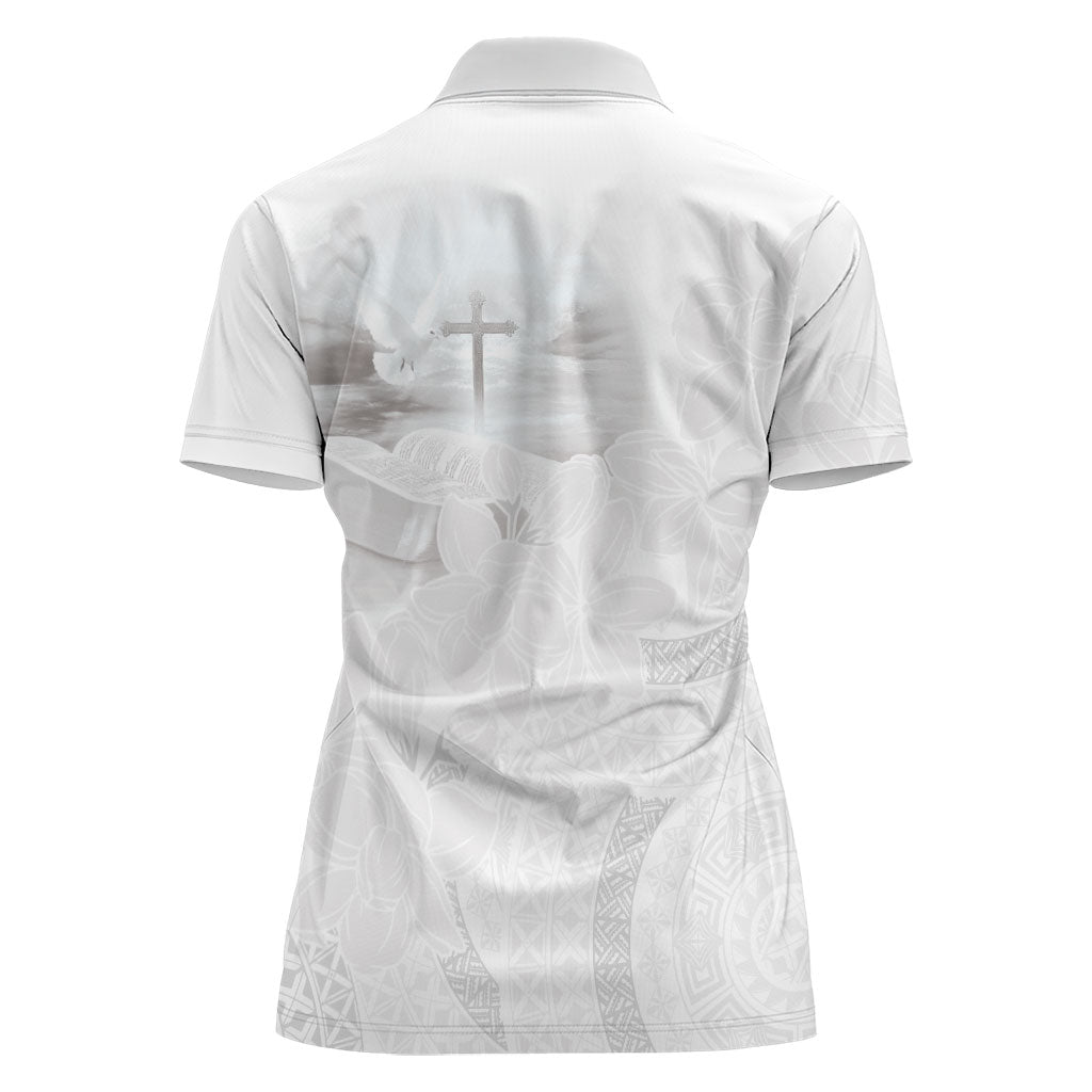 Niue White Sunday Tapu Fanau Women Polo Shirt Fiti Pua Mix Hiapo Tapa