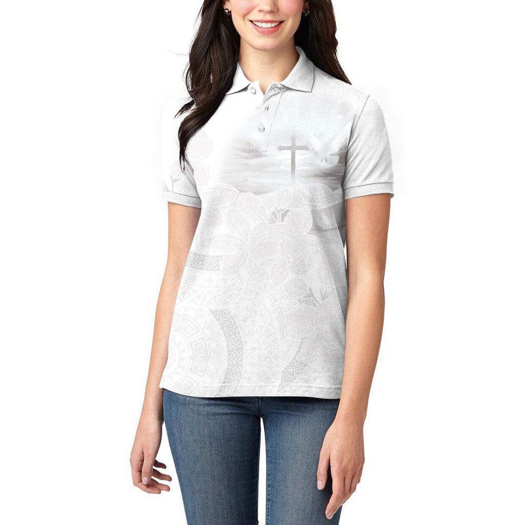 Niue White Sunday Tapu Fanau Women Polo Shirt Fiti Pua Mix Hiapo Tapa