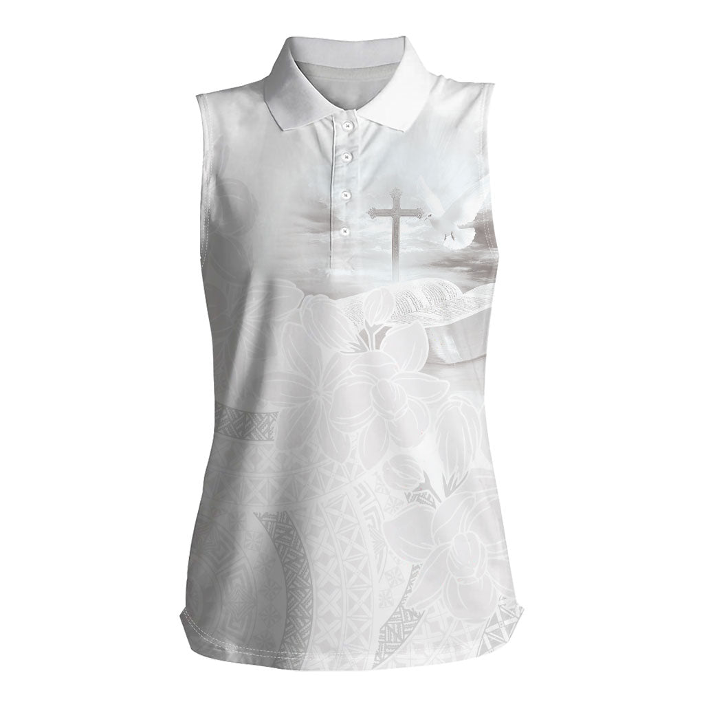 Niue White Sunday Tapu Fanau Women Sleeveless Polo Shirt Fiti Pua Mix Hiapo Tapa