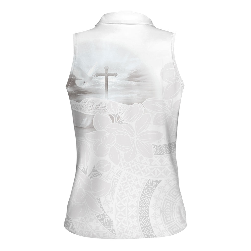 Niue White Sunday Tapu Fanau Women Sleeveless Polo Shirt Fiti Pua Mix Hiapo Tapa