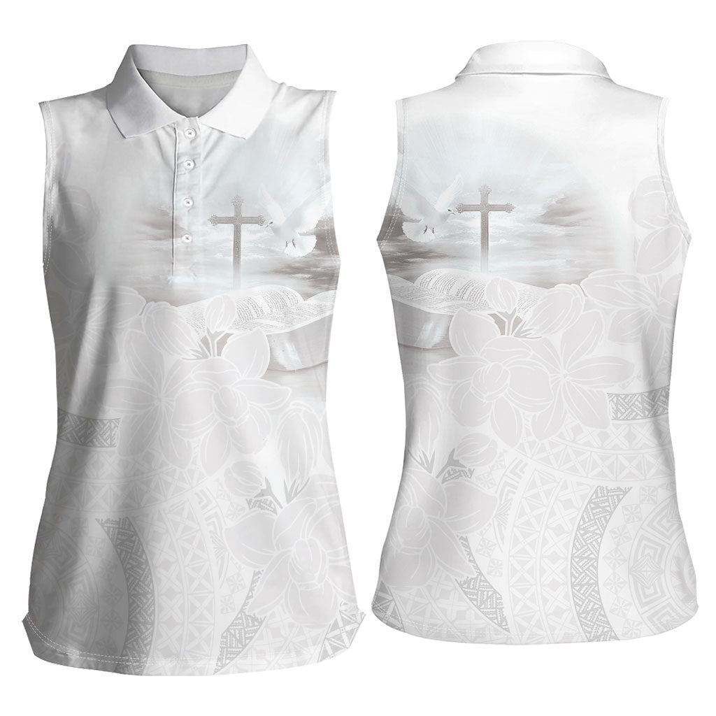 Niue White Sunday Tapu Fanau Women Sleeveless Polo Shirt Fiti Pua Mix Hiapo Tapa
