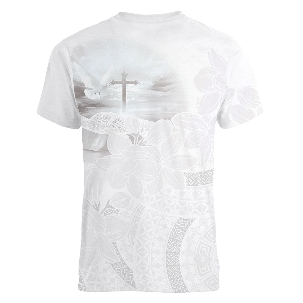 Niue White Sunday Tapu Fanau Women V-Neck T-Shirt Fiti Pua Mix Hiapo Tapa