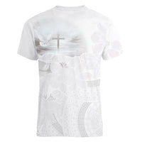 Niue White Sunday Tapu Fanau Women V-Neck T-Shirt Fiti Pua Mix Hiapo Tapa