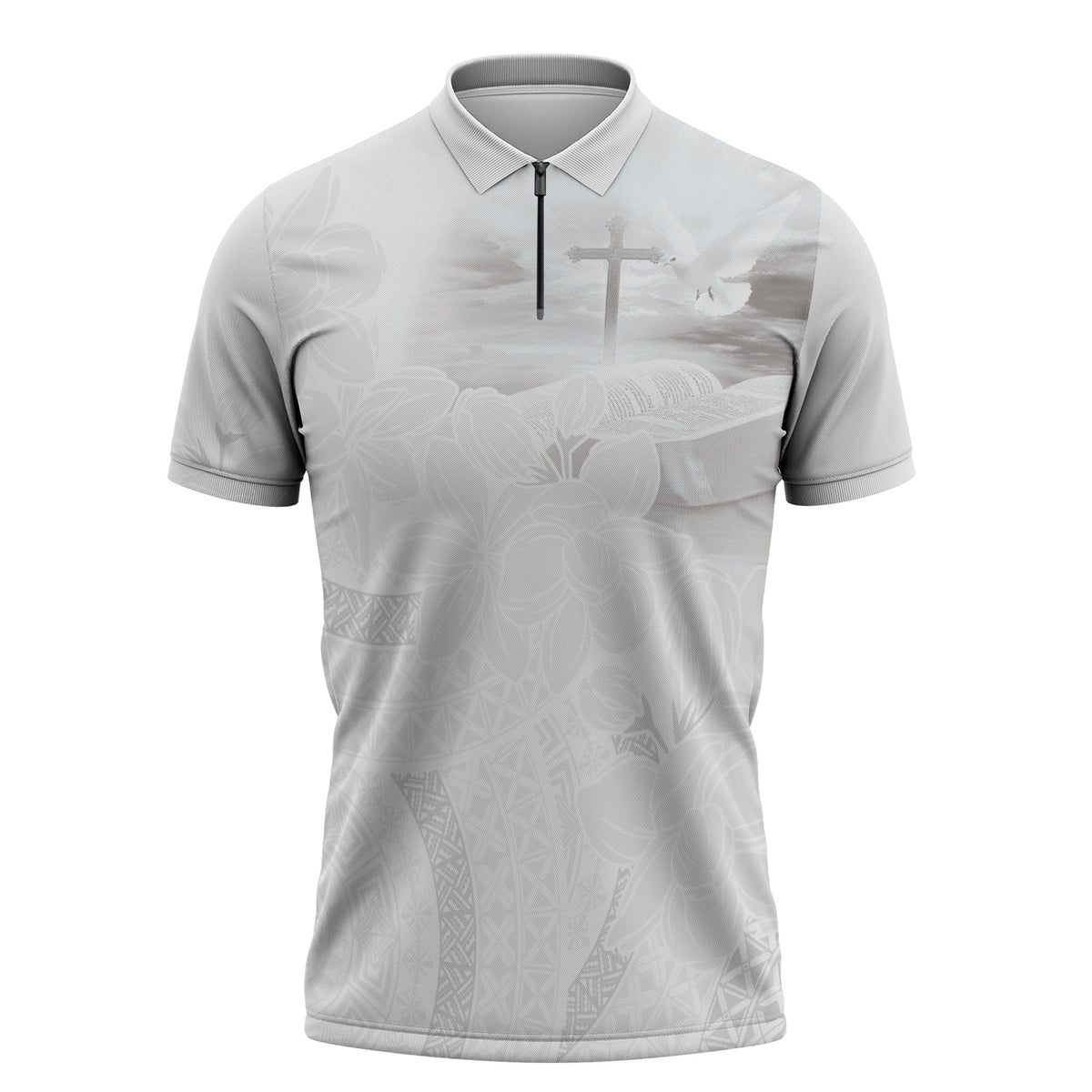 Niue White Sunday Tapu Fanau Zipper Polo Shirt Fiti Pua Mix Hiapo Tapa
