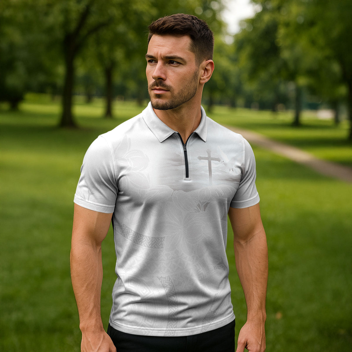 Niue White Sunday Tapu Fanau Zipper Polo Shirt Fiti Pua Mix Hiapo Tapa