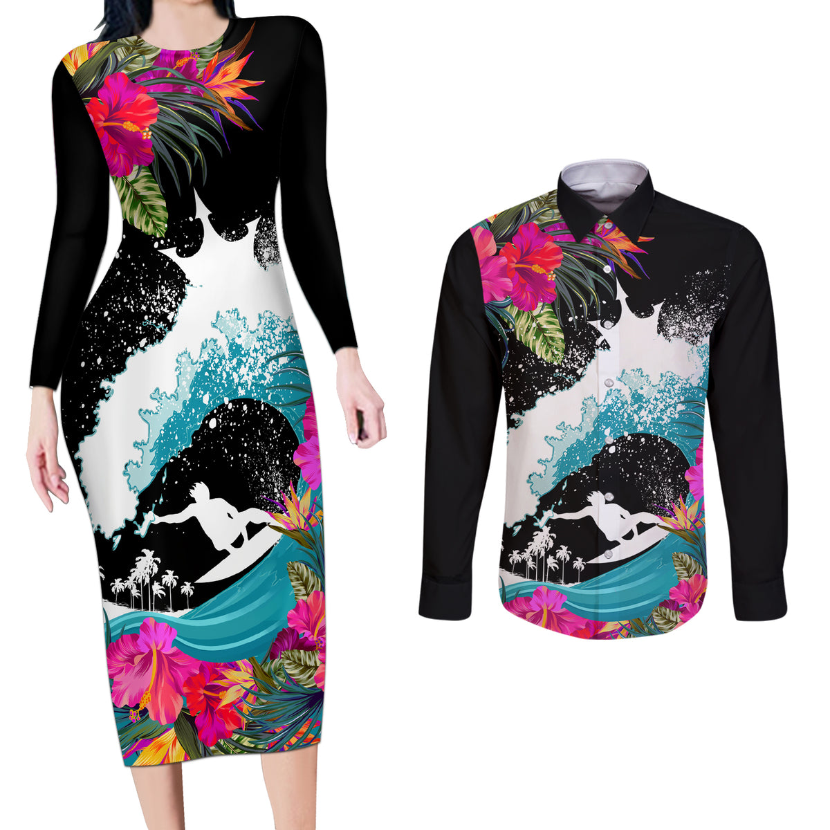 Hawaii Surfing Couples Matching Long Sleeve Bodycon Dress and Long Sleeve Button Shirts Triple Crown Rides The Waves LT7 Black - Polynesian Pride