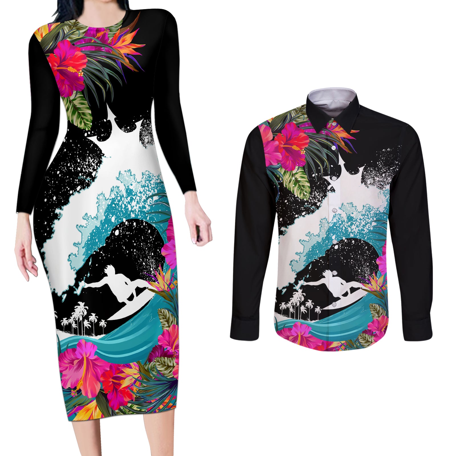 Hawaii Surfing Couples Matching Long Sleeve Bodycon Dress and Long Sleeve Button Shirts Triple Crown Rides The Waves LT7 Black - Polynesian Pride
