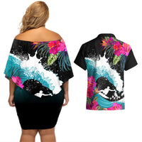 Hawaii Surfing Couples Matching Off Shoulder Short Dress and Hawaiian Shirt Triple Crown Rides The Waves LT7 - Polynesian Pride