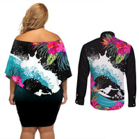 Hawaii Surfing Couples Matching Off Shoulder Short Dress and Long Sleeve Button Shirts Triple Crown Rides The Waves LT7 - Polynesian Pride