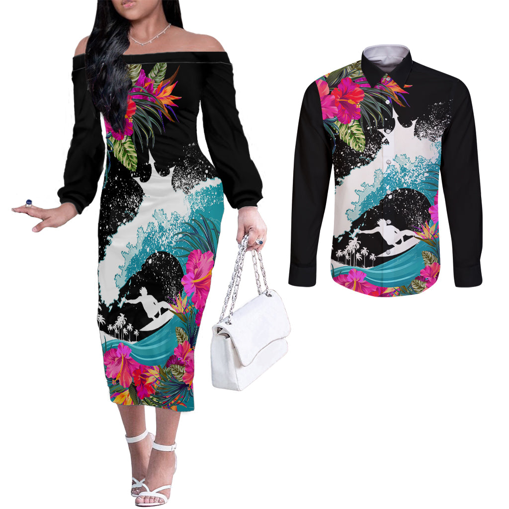 Hawaii Surfing Couples Matching Off The Shoulder Long Sleeve Dress and Long Sleeve Button Shirts Triple Crown Rides The Waves LT7 Black - Polynesian Pride