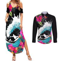 Hawaii Surfing Couples Matching Summer Maxi Dress and Long Sleeve Button Shirts Triple Crown Rides The Waves LT7 Black - Polynesian Pride