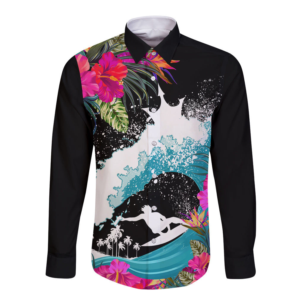 Hawaii Surfing Long Sleeve Button Shirt Triple Crown Rides The Waves LT7 Unisex Black - Polynesian Pride