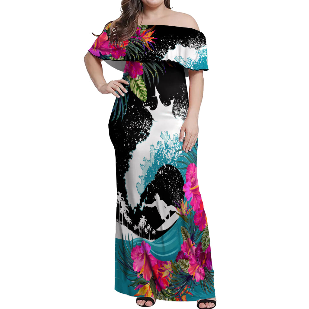 Hawaii Surfing Off Shoulder Maxi Dress Triple Crown Rides The Waves LT7 Women Black - Polynesian Pride