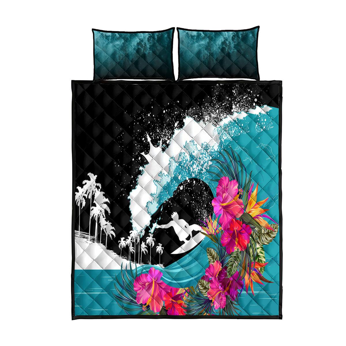 Hawaii Surfing Quilt Bed Set Triple Crown Rides The Waves LT7 Black - Polynesian Pride