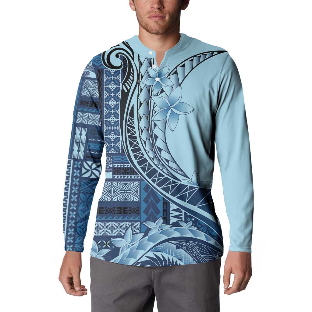 Samoa Siapo Mamanu Button Sweatshirt Plumeria Navy Blue Motifs LT7 - Polynesian Pride