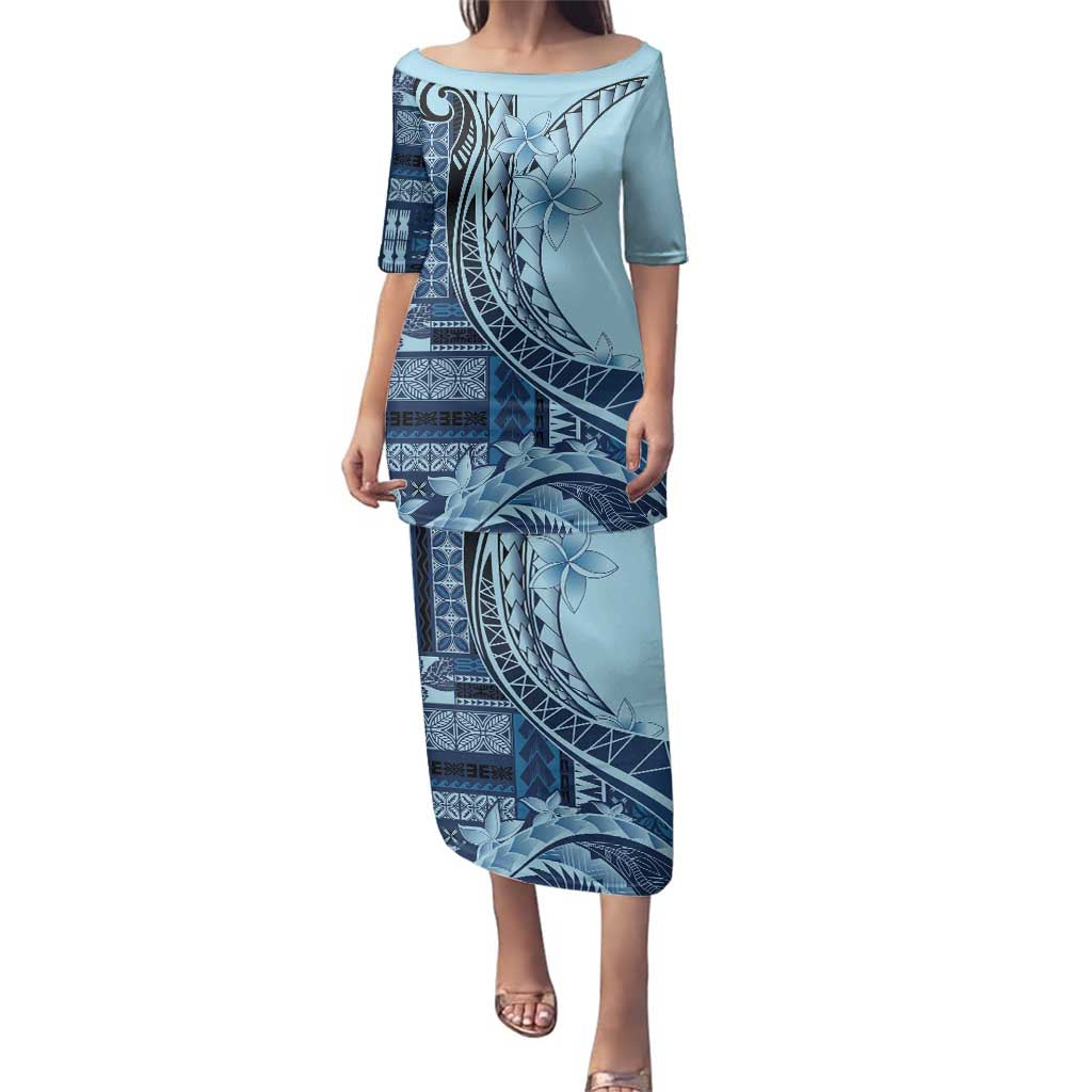 Samoa Siapo Mamanu Family Matching Puletasi and Hawaiian Shirt Plumeria Navy Blue Motifs