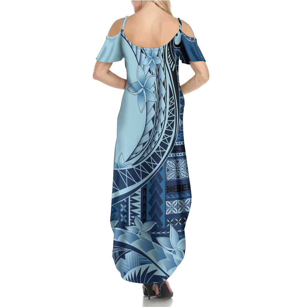 Samoa Siapo Mamanu Family Matching Summer Maxi Dress and Hawaiian Shirt Plumeria Navy Blue Motifs