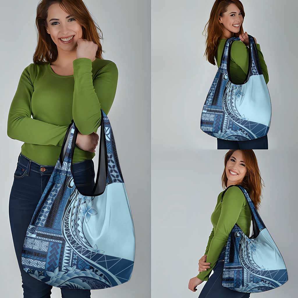 Samoa Siapo Mamanu Grocery Bag Plumeria Navy Blue Motifs