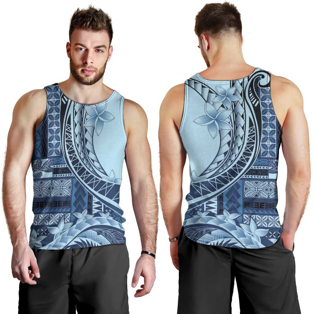 Samoa Siapo Mamanu Men Tank Top Plumeria Navy Blue Motifs