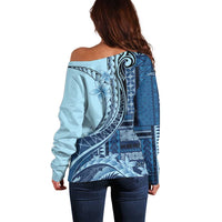 Samoa Siapo Mamanu Off Shoulder Sweater Plumeria Navy Blue Motifs