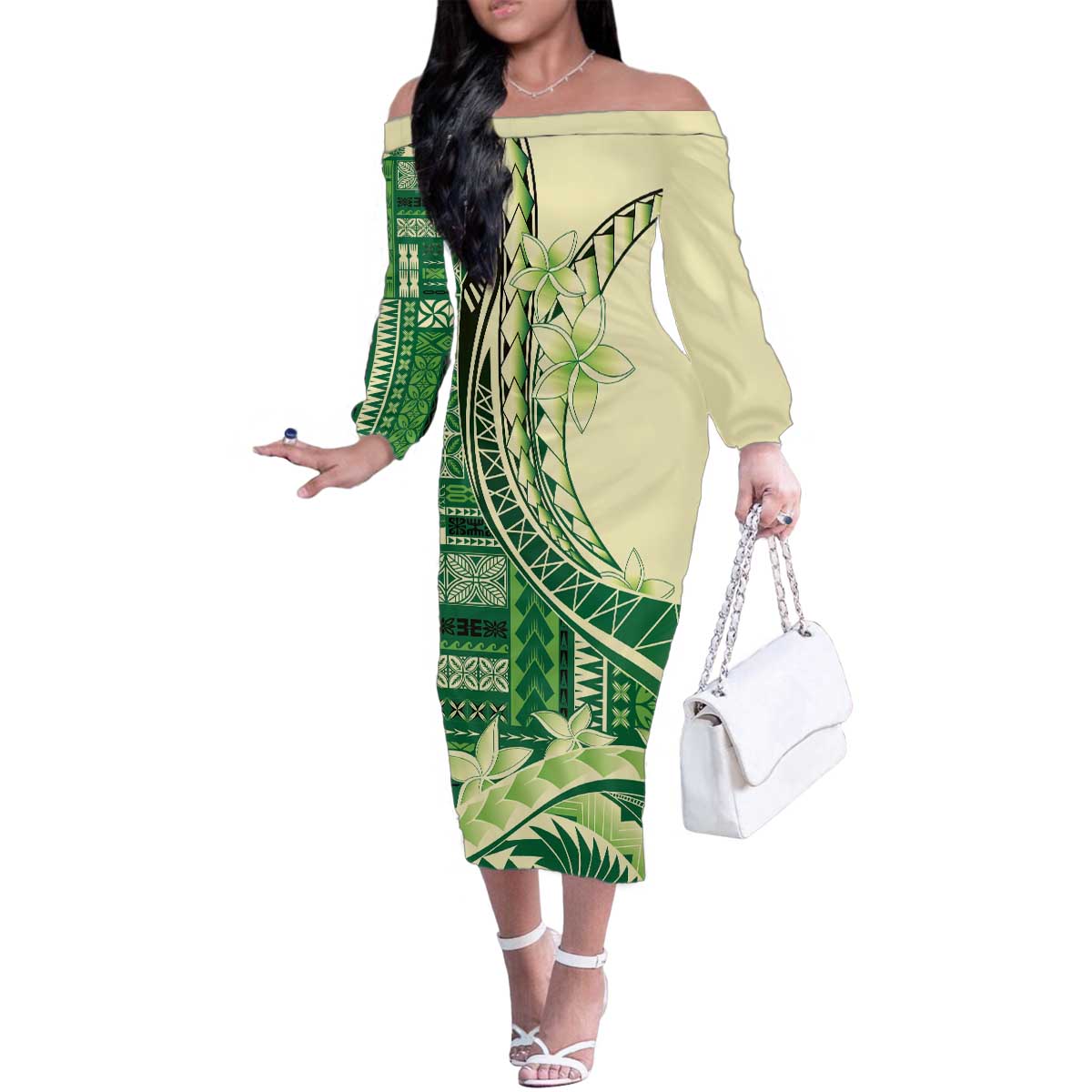 Samoa Siapo Mamanu Family Matching Off The Shoulder Long Sleeve Dress and Hawaiian Shirt Plumeria Emerald Motifs