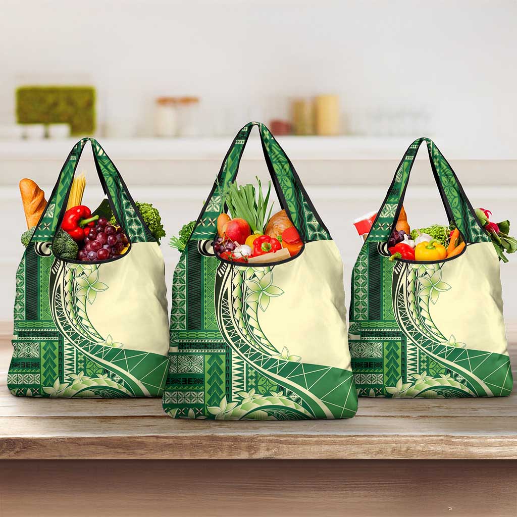 Samoa Siapo Mamanu Grocery Bag Plumeria Emerald Motifs