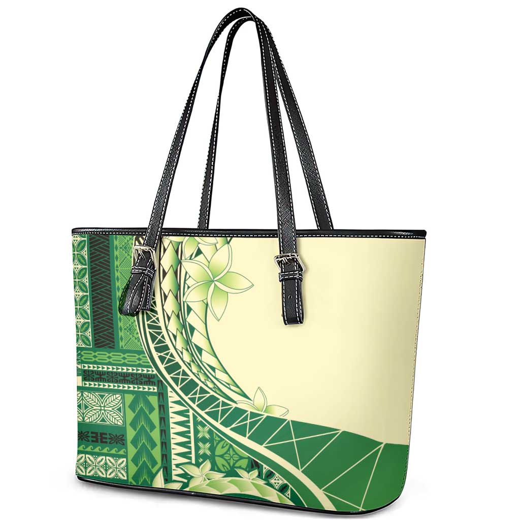 Samoa Siapo Mamanu Leather Tote Bag Plumeria Emerald Motifs