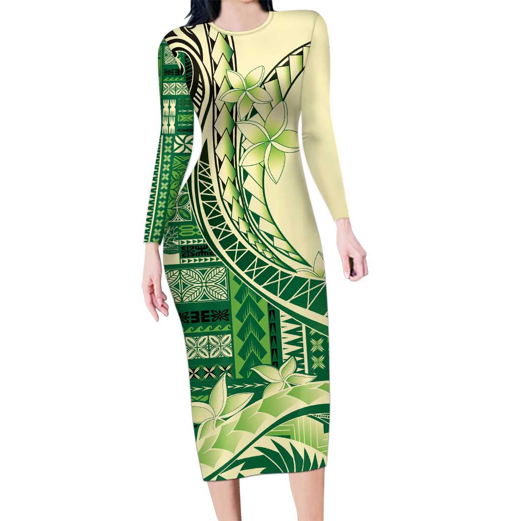 Samoa Siapo Mamanu Long Sleeve Bodycon Dress Plumeria Emerald Motifs L - Polynesian Pride Samoa Siapo Mamanu Long Sleeve Bodycon Dress Plumeria Emerald Motifs L - Polynesian Pride