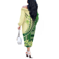 Samoa Siapo Mamanu Off The Shoulder Long Sleeve Dress Plumeria Emerald Motifs