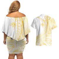 Samoa Siapo Mamanu Couples Matching Off Shoulder Short Dress and Hawaiian Shirt Plumeria Fancy Gold Motifs