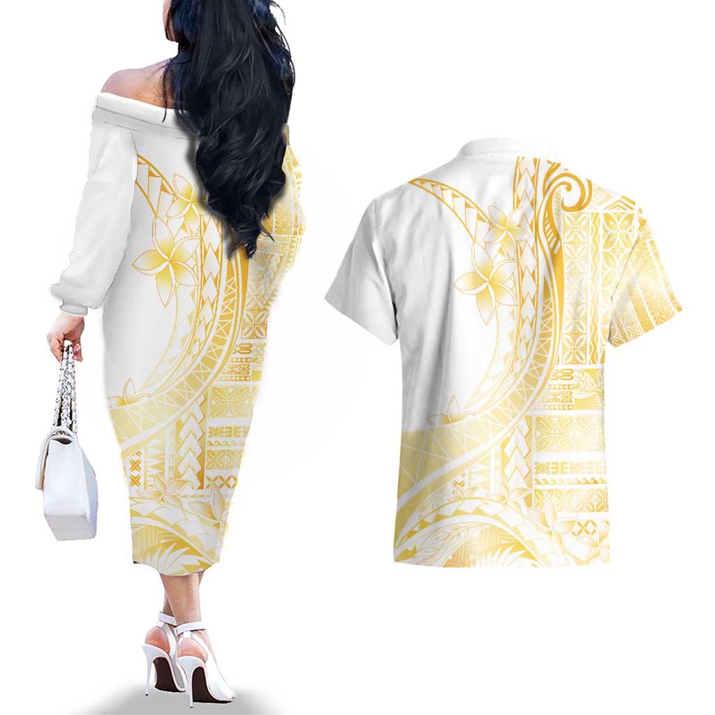 Samoa Siapo Mamanu Couples Matching Off The Shoulder Long Sleeve Dress and Hawaiian Shirt Plumeria Fancy Gold Motifs