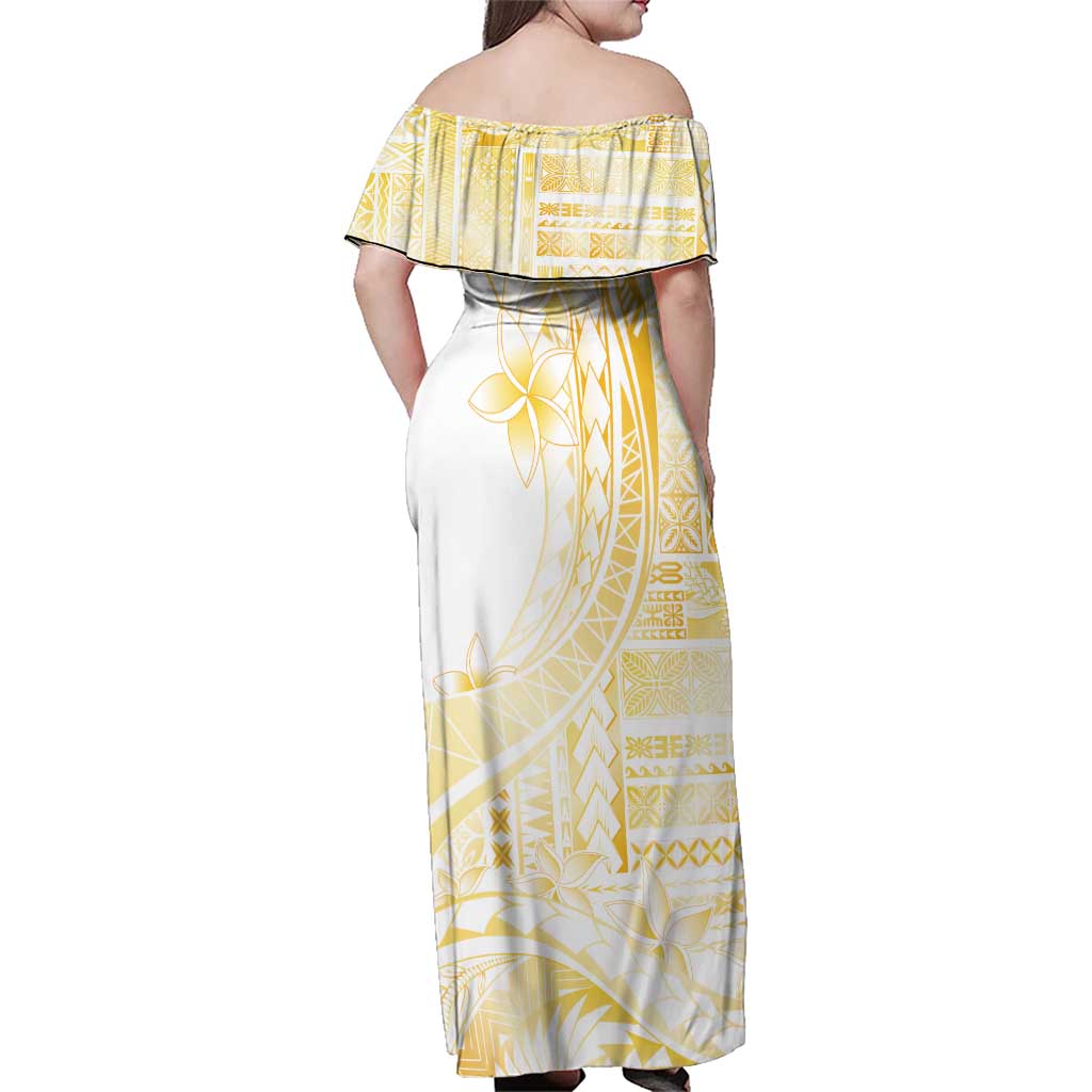Samoa Siapo Mamanu Family Matching Off Shoulder Maxi Dress and Hawaiian Shirt Plumeria Fancy Gold Motifs