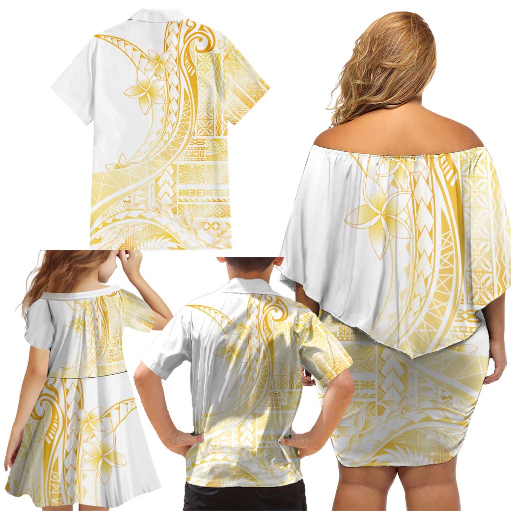 Samoa Siapo Mamanu Family Matching Off Shoulder Short Dress and Hawaiian Shirt Plumeria Fancy Gold Motifs