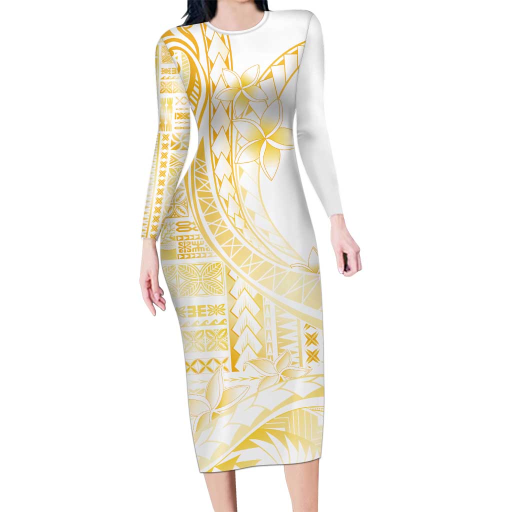 Samoa Siapo Mamanu Long Sleeve Bodycon Dress Plumeria Fancy Gold Motif