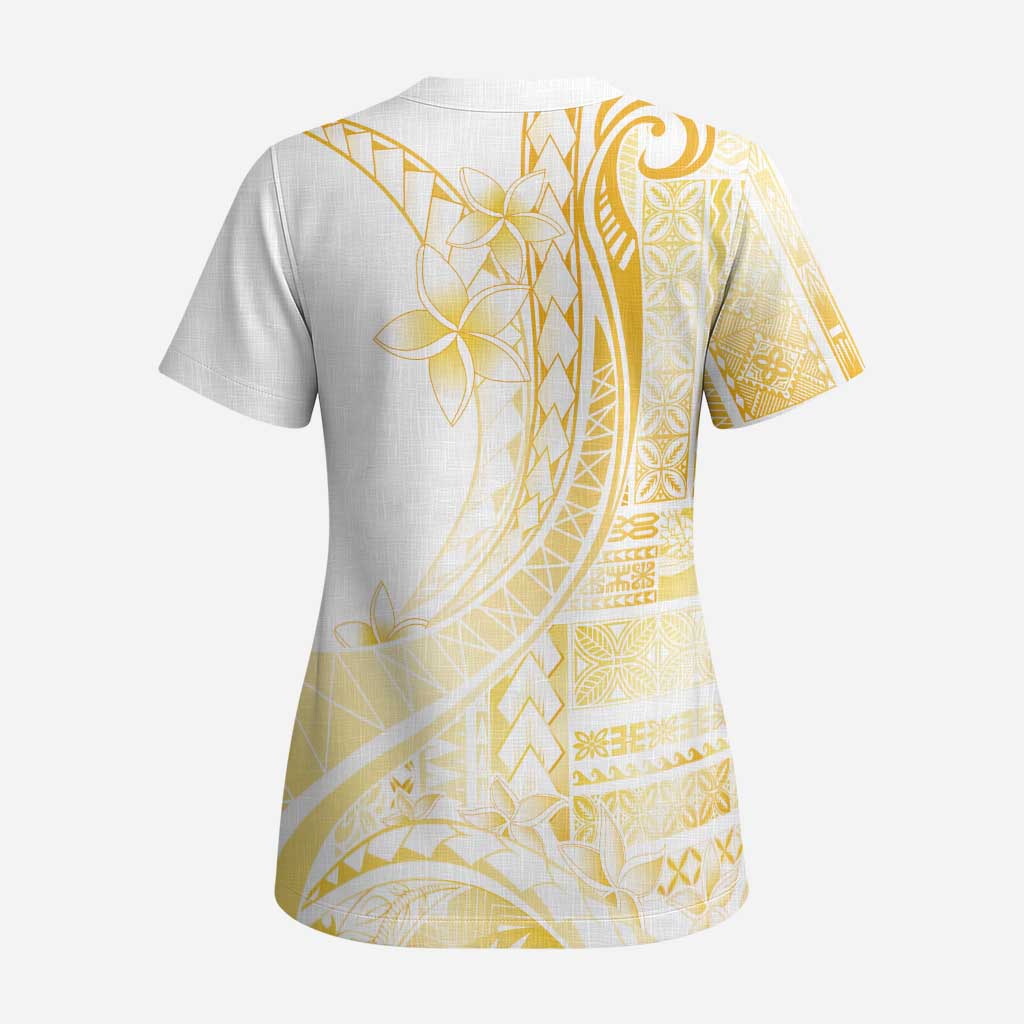 Samoa Siapo Mamanu Scrub Top Plumeria Fancy Gold Motifs - Polynesian Pride