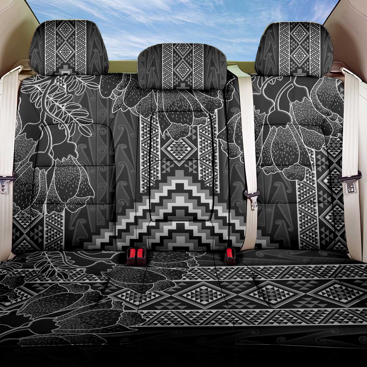 Aotearoa Taniko Pattern Back Car Seat Cover Poutama Mix Kowhai Flowers LT7 One Size Grey - Polynesian Pride