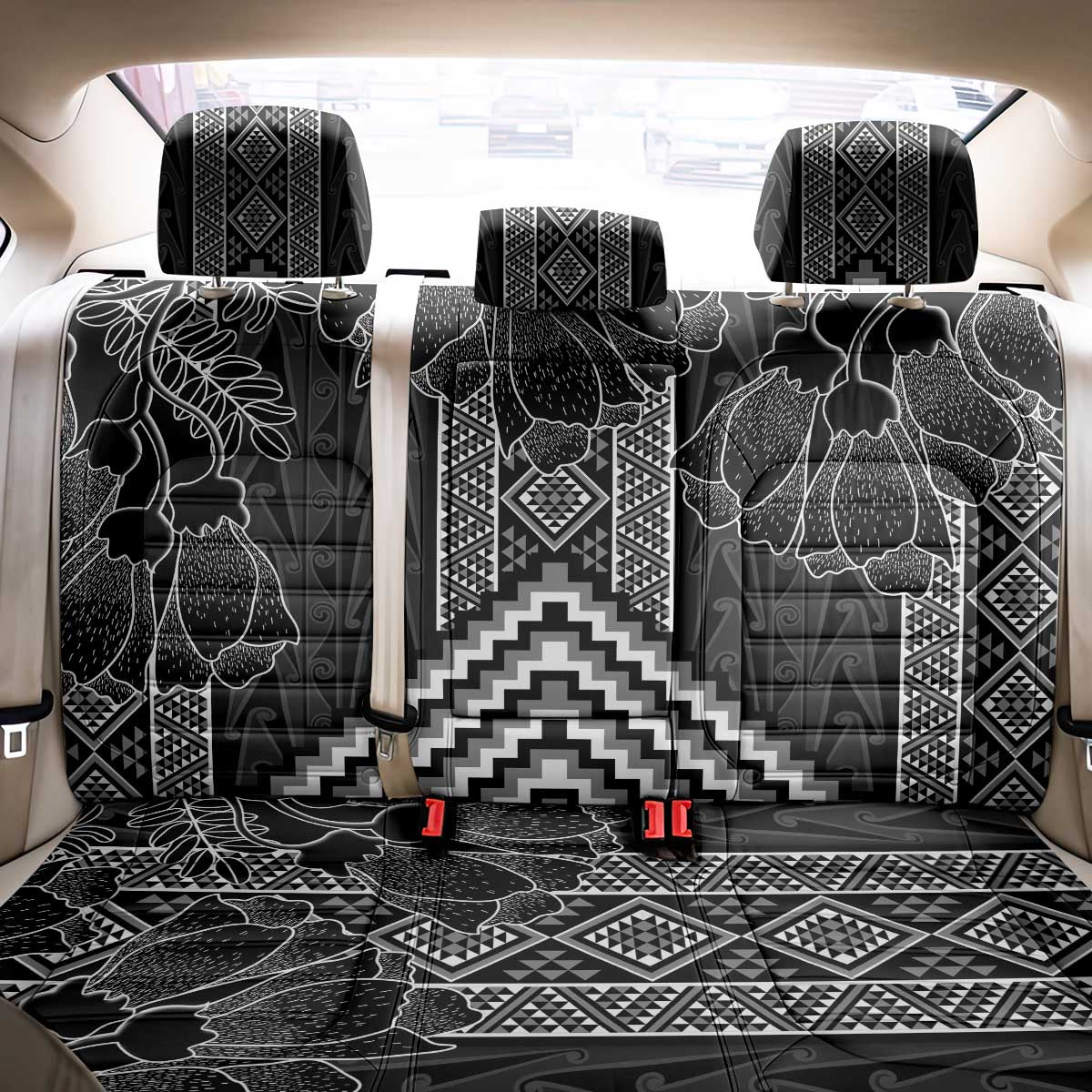 Aotearoa Taniko Pattern Back Car Seat Cover Poutama Mix Kowhai Flowers LT7 - Polynesian Pride
