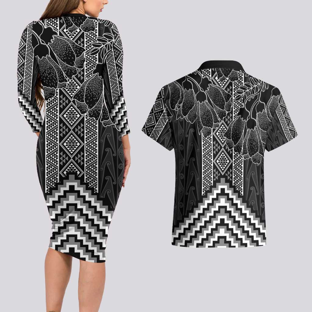 Aotearoa Taniko Pattern Couples Matching Long Sleeve Bodycon Dress and Hawaiian Shirt Poutama Mix Kowhai Flowers