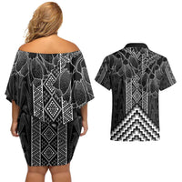 Aotearoa Taniko Pattern Couples Matching Off Shoulder Short Dress and Hawaiian Shirt Poutama Mix Kowhai Flowers