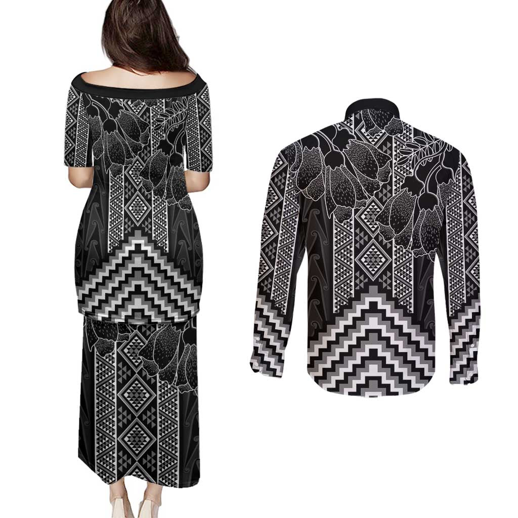 Aotearoa Taniko Pattern Couples Matching Puletasi and Long Sleeve Button Shirt Poutama Mix Kowhai Flowers LT7 - Polynesian Pride