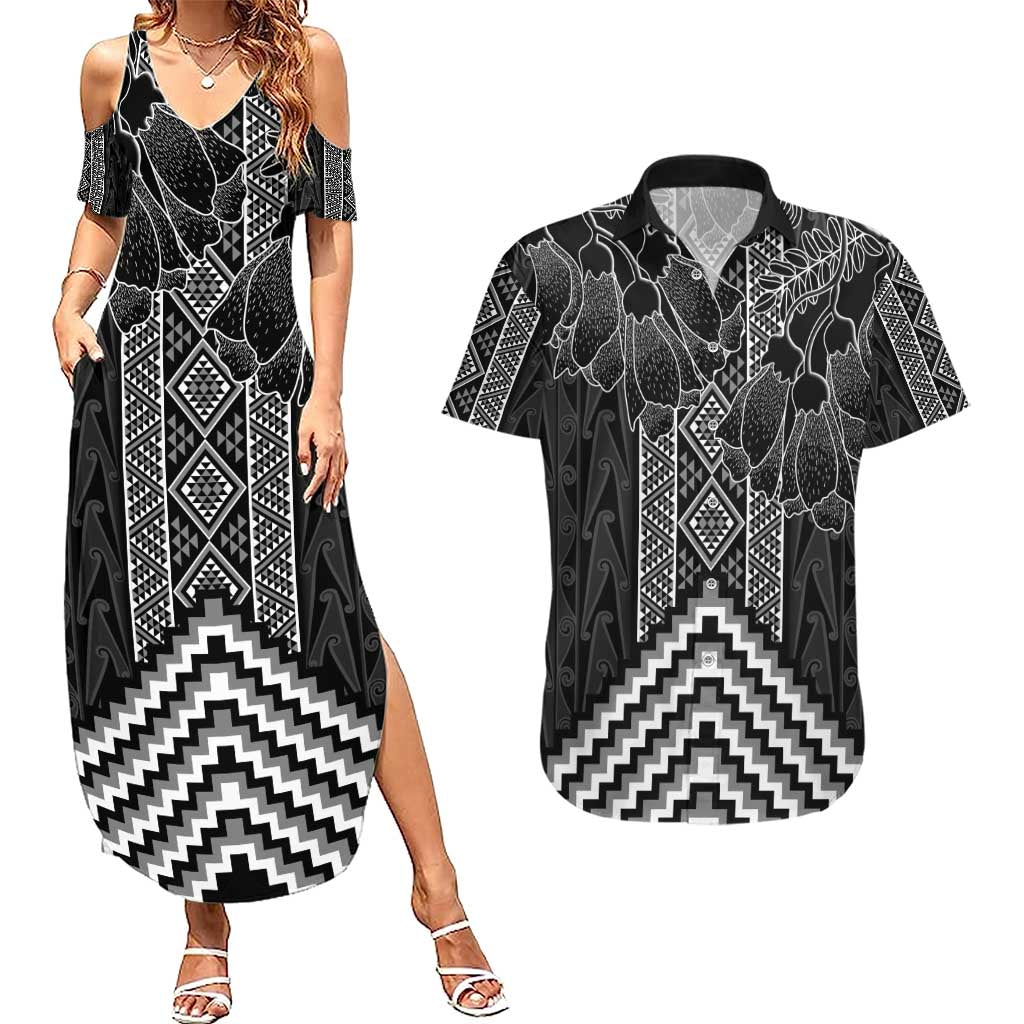 Aotearoa Taniko Pattern Couples Matching Summer Maxi Dress and Hawaiian Shirt Poutama Mix Kowhai Flowers