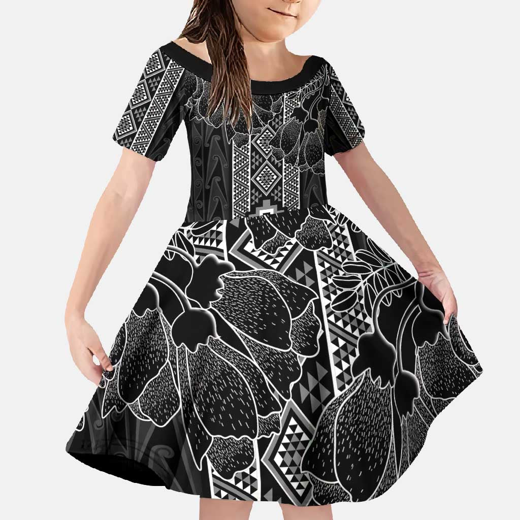 Aotearoa Taniko Pattern Family Matching Mermaid Dress and Hawaiian Shirt Poutama Mix Kowhai Flowers LT7 Daughter's Dress Grey - Polynesian Pride