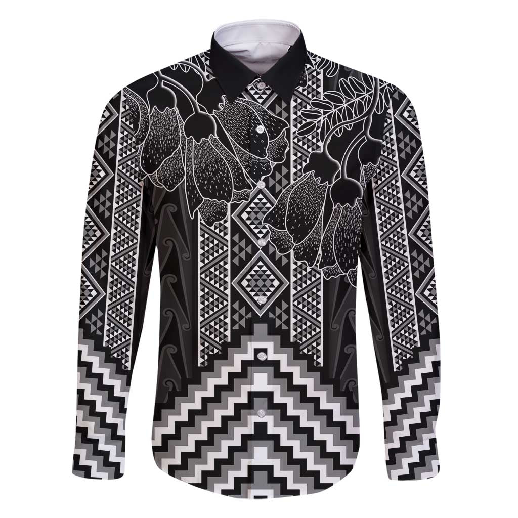 Aotearoa Taniko Pattern Family Matching Mermaid Dress and Hawaiian Shirt Poutama Mix Kowhai Flowers LT7 Dad's Shirt - Long Sleeve Grey - Polynesian Pride