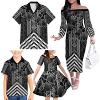 Aotearoa Taniko Pattern Family Matching Off The Shoulder Long Sleeve Dress and Hawaiian Shirt Poutama Mix Kowhai Flowers